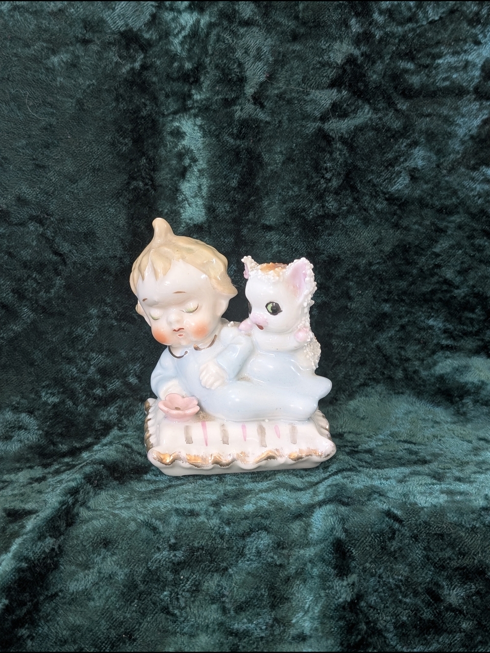 Vintage Kitsch Sugar Textured Ceramic Puppy Dog & Baby on a Pillow Figurine